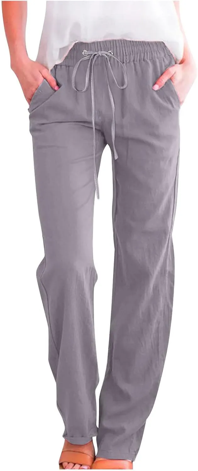 Women Summer Casual Cotton Linen Pants Solid Sports Lounge Beach Trousers Slim High Elastic Waist Pants with Pockets