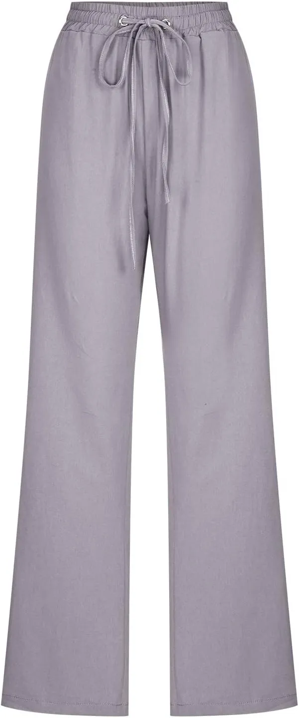 Women Summer Casual Cotton Linen Pants Solid Sports Lounge Beach Trousers Slim High Elastic Waist Pants with Pockets
