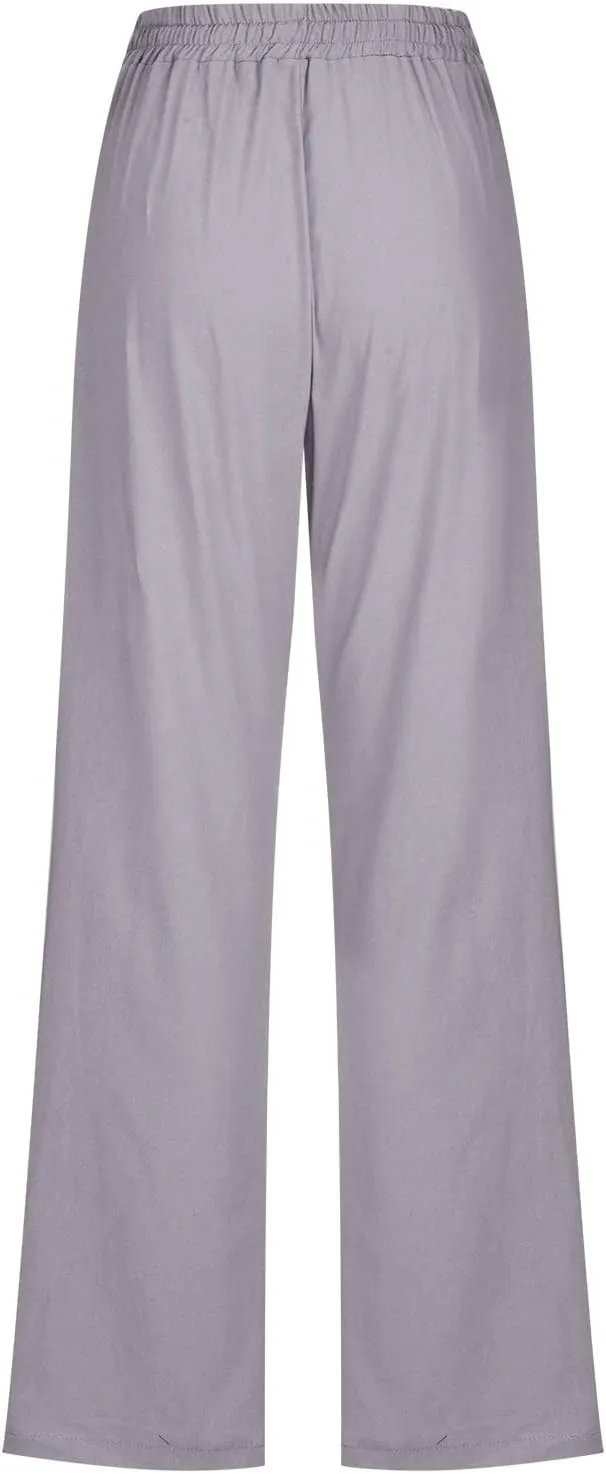 Women Summer Casual Cotton Linen Pants Solid Sports Lounge Beach Trousers Slim High Elastic Waist Pants with Pockets