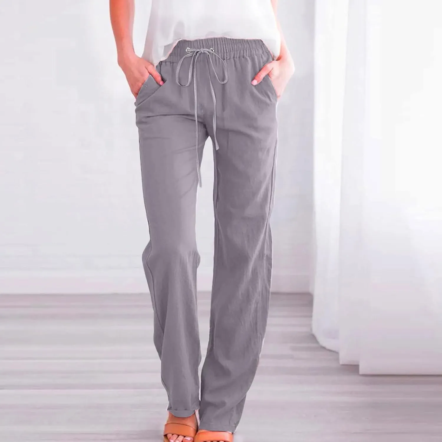 Women Summer Casual Cotton Linen Pants Solid Sports Lounge Beach Trousers Slim High Elastic Waist Pants with Pockets