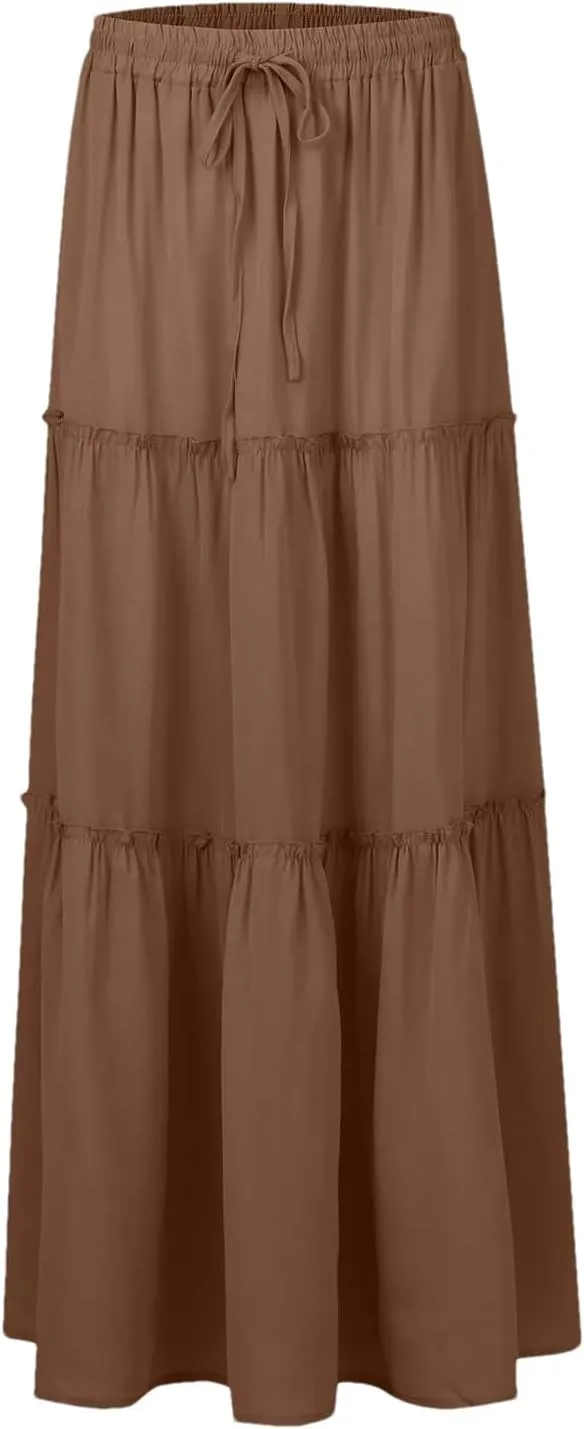 Women Summer Pleated Long Skirts Casual Loose Fit Elastic Waisted Flowy Swing A-Line Midi Skirts