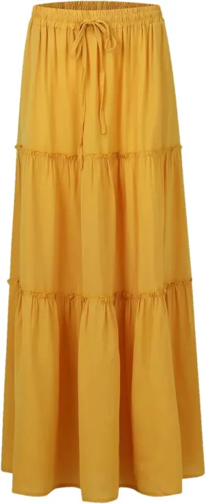 Women Summer Pleated Long Skirts Casual Loose Fit Elastic Waisted Flowy Swing A-Line Midi Skirts