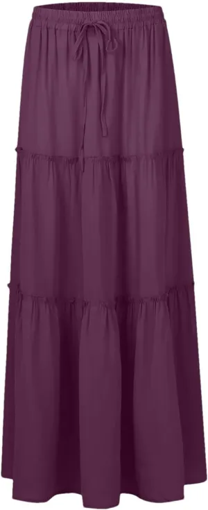 Women Summer Pleated Long Skirts Casual Loose Fit Elastic Waisted Flowy Swing A-Line Midi Skirts