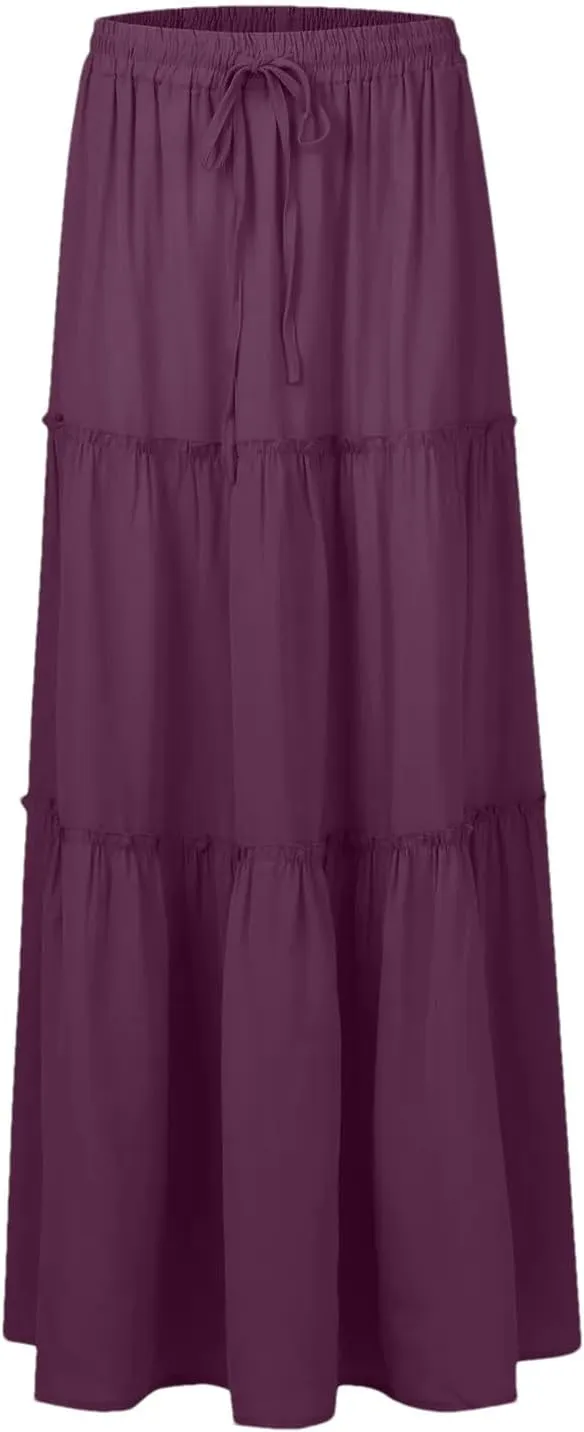 Women Summer Pleated Long Skirts Casual Loose Fit Elastic Waisted Flowy Swing A-Line Midi Skirts