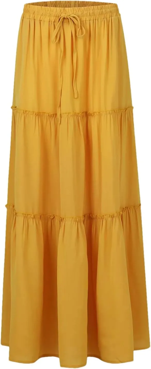 Women Summer Pleated Long Skirts Casual Loose Fit Elastic Waisted Flowy Swing A-Line Midi Skirts