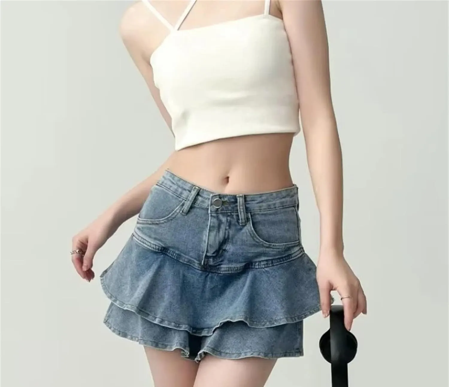 Women Summer Ruffles Denim Mini Skirts High Waisted All-Match Slim Skirt Korean Style Casual A-Line Skirt