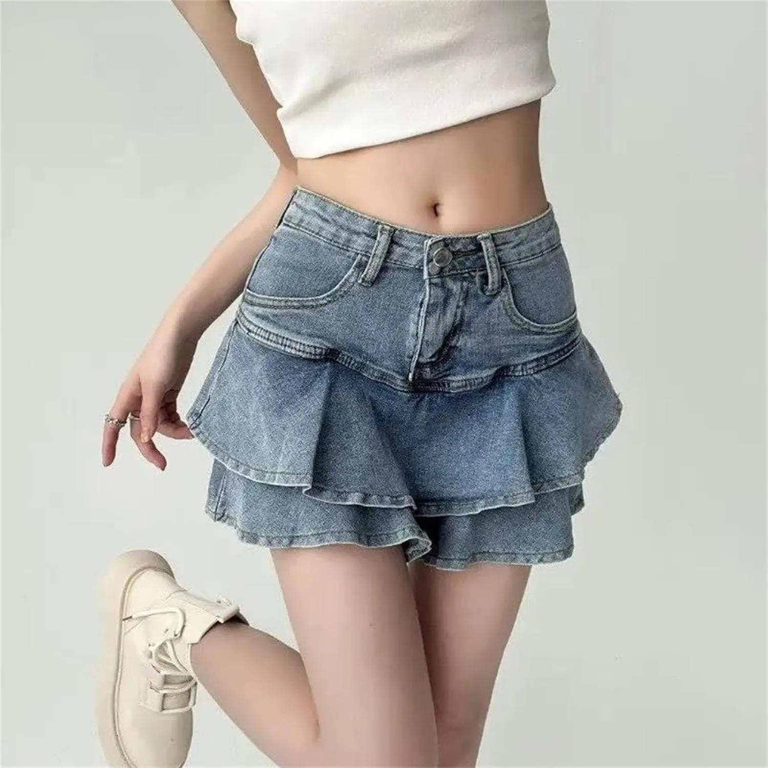 Women Summer Ruffles Denim Mini Skirts High Waisted All-Match Slim Skirt Korean Style Casual A-Line Skirt