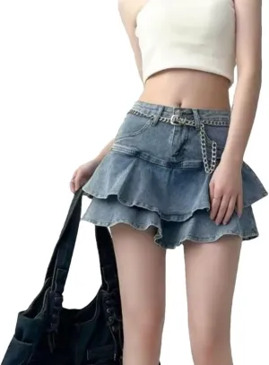 Women Summer Ruffles Denim Mini Skirts High Waisted All-Match Slim Skirt Korean Style Casual A-Line Skirt