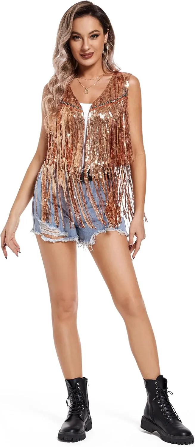 Women Tassel Vest 70s Hippie Sparkly Fringe Sequin Jacket Cardigan Rivet Sleeveless Open Front Coat