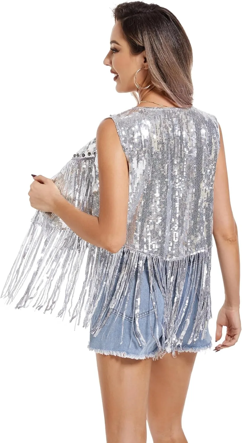 Women Tassel Vest 70s Hippie Sparkly Fringe Sequin Jacket Cardigan Rivet Sleeveless Open Front Coat