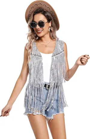 Women Tassel Vest 70s Hippie Sparkly Fringe Sequin Jacket Cardigan Rivet Sleeveless Open Front Coat