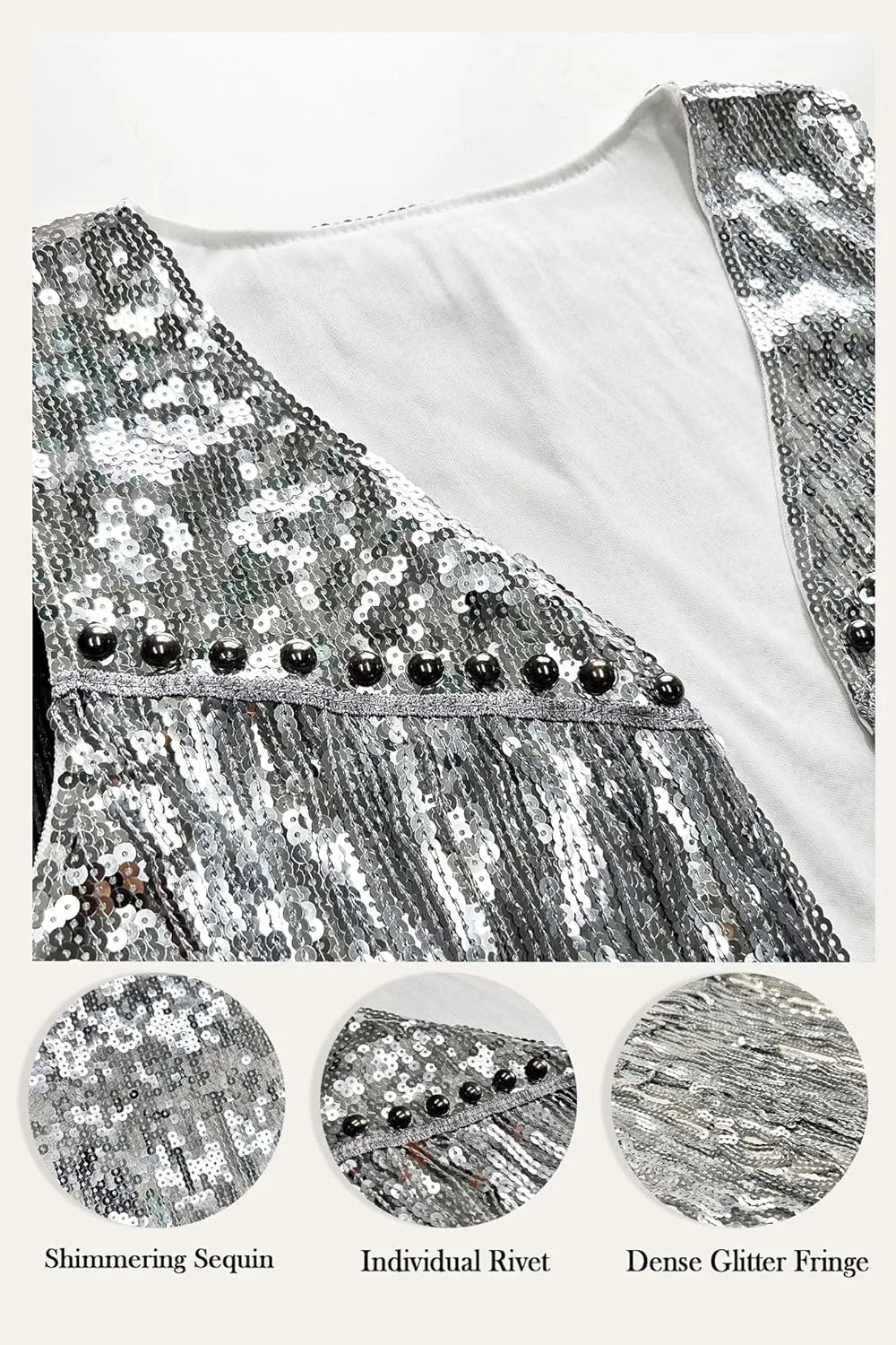 Women Tassel Vest 70s Hippie Sparkly Fringe Sequin Jacket Cardigan Rivet Sleeveless Open Front Coat