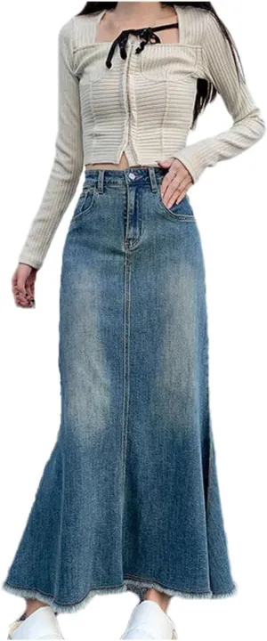 Women Trumpet Mermaid A Line Jeans Skirts Vintage High Waisted Do Old Midi Denim Skirts