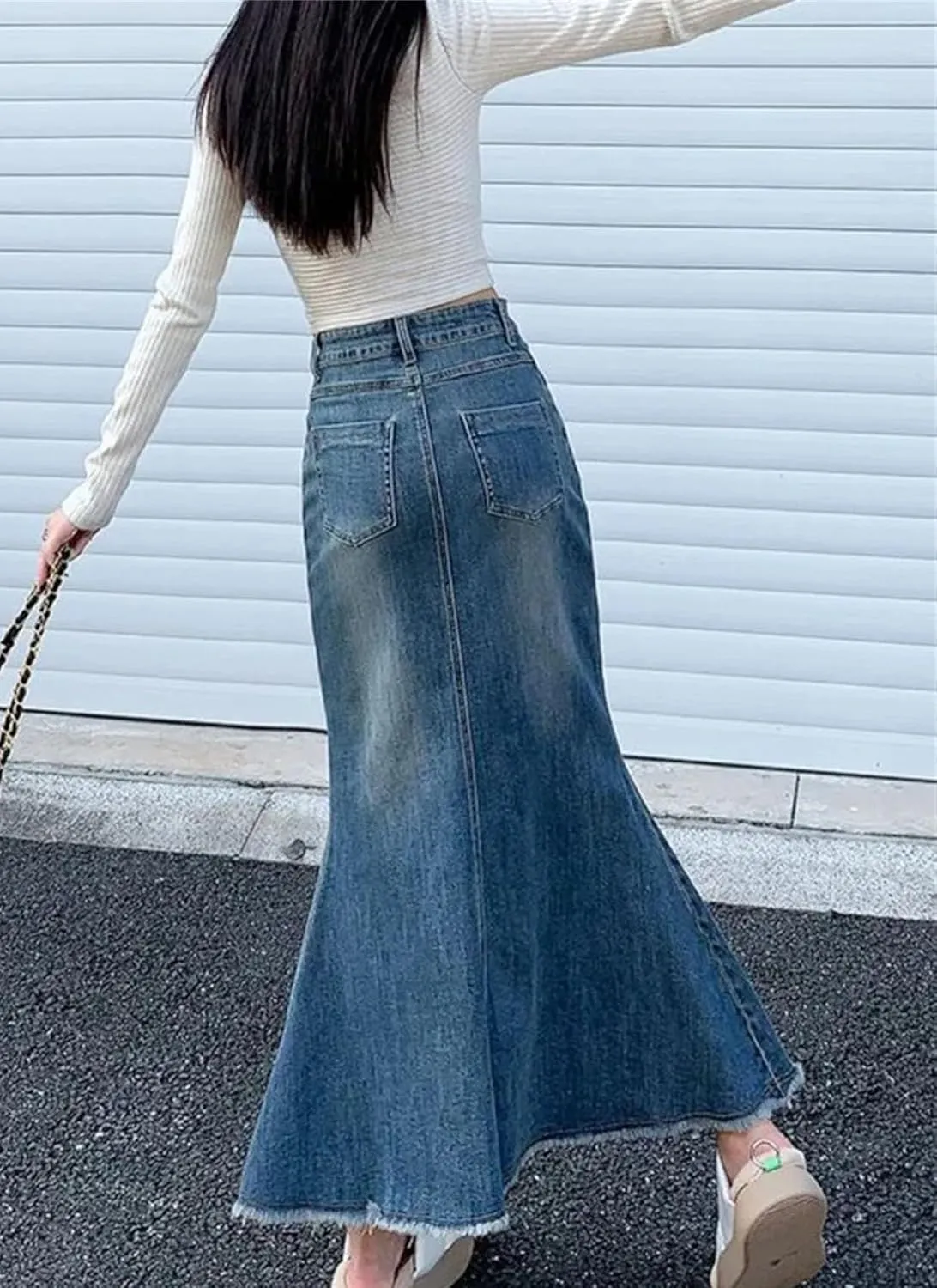 Women Trumpet Mermaid A Line Jeans Skirts Vintage High Waisted Do Old Midi Denim Skirts