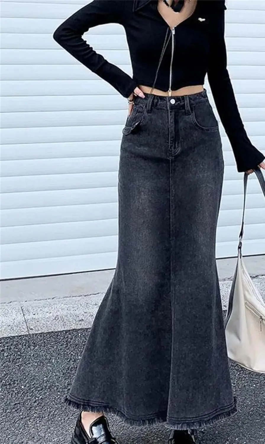 Women Trumpet Mermaid A Line Jeans Skirts Vintage High Waisted Do Old Midi Denim Skirts