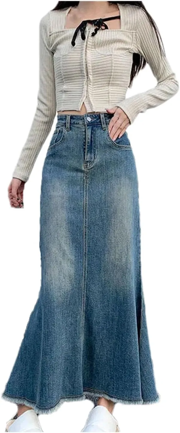 Women Trumpet Mermaid A Line Jeans Skirts Vintage High Waisted Do Old Midi Denim Skirts