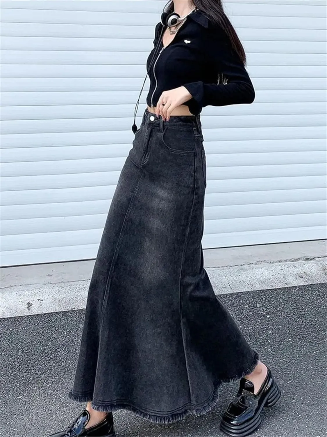 Women Trumpet Mermaid A Line Jeans Skirts Vintage High Waisted Do Old Midi Denim Skirts