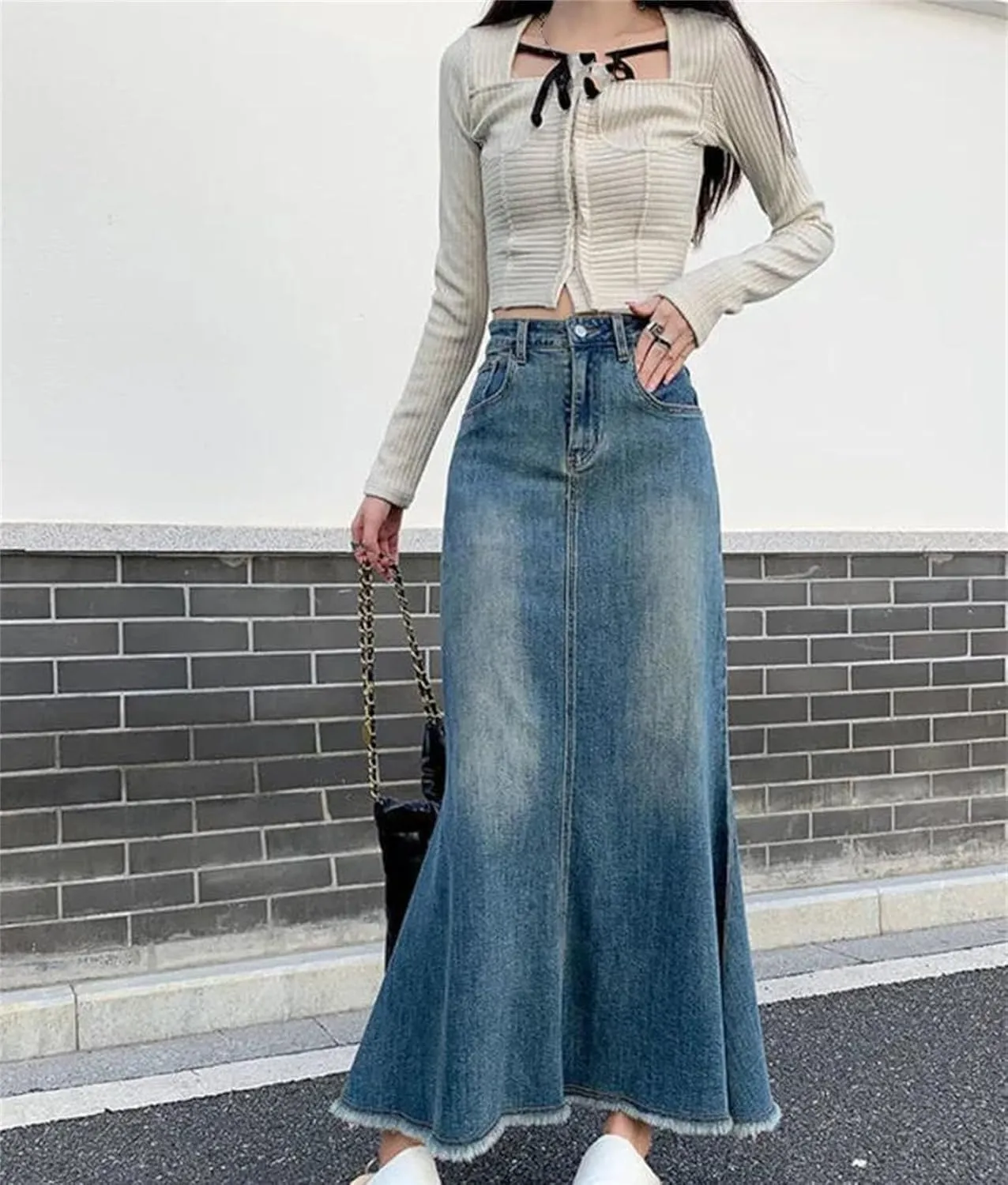 Women Trumpet Mermaid A Line Jeans Skirts Vintage High Waisted Do Old Midi Denim Skirts