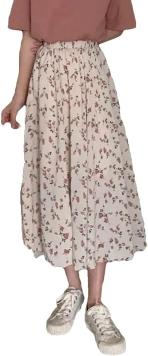 Women Vintage Floral Print Pleated Long Skirts Summer Drawstring Elastic Waist Midi Skirt