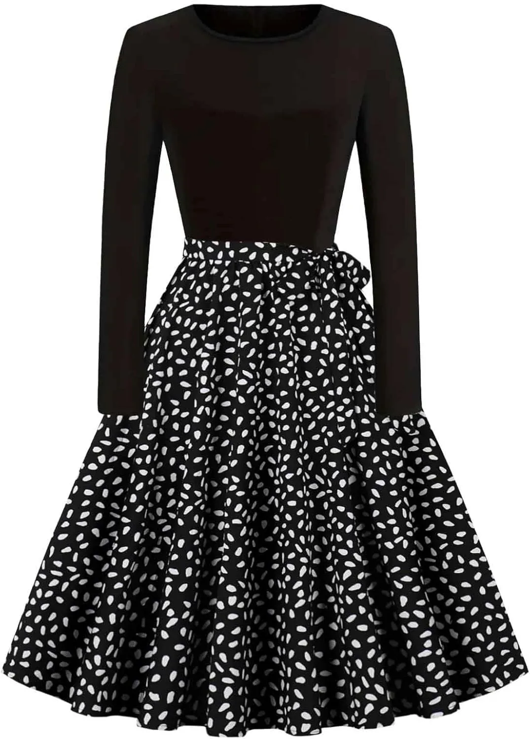 Women Vintage Polka Dot 1950s Audrey Retro Rockabilly Prom Dress Causal Long Sleeve Ruffle Club Party Cocktail Dress