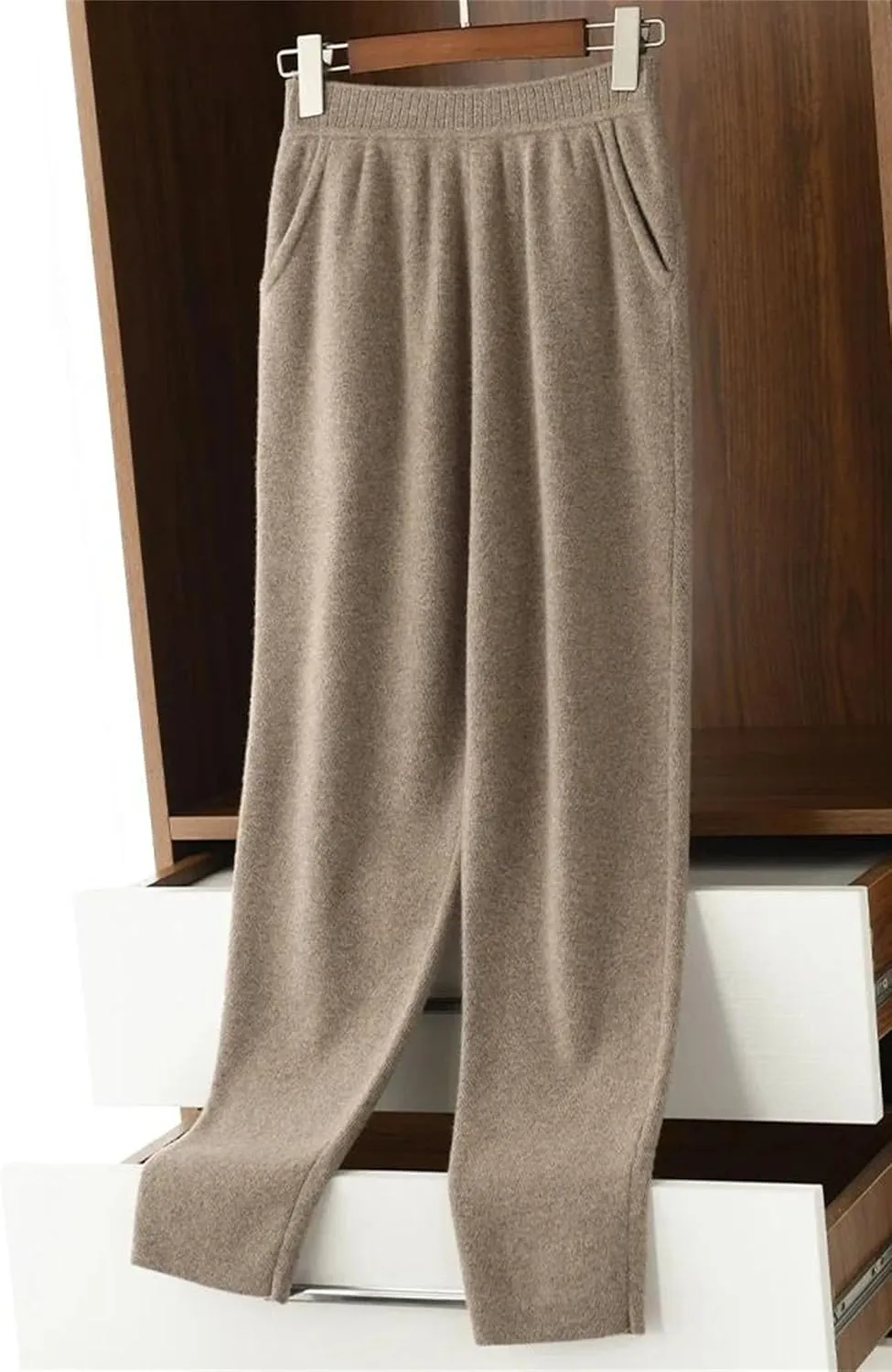 Women Winter 100% Merino Wool Pants High Waist Knited Pencil Pants Office Lady Business Casual Trousers