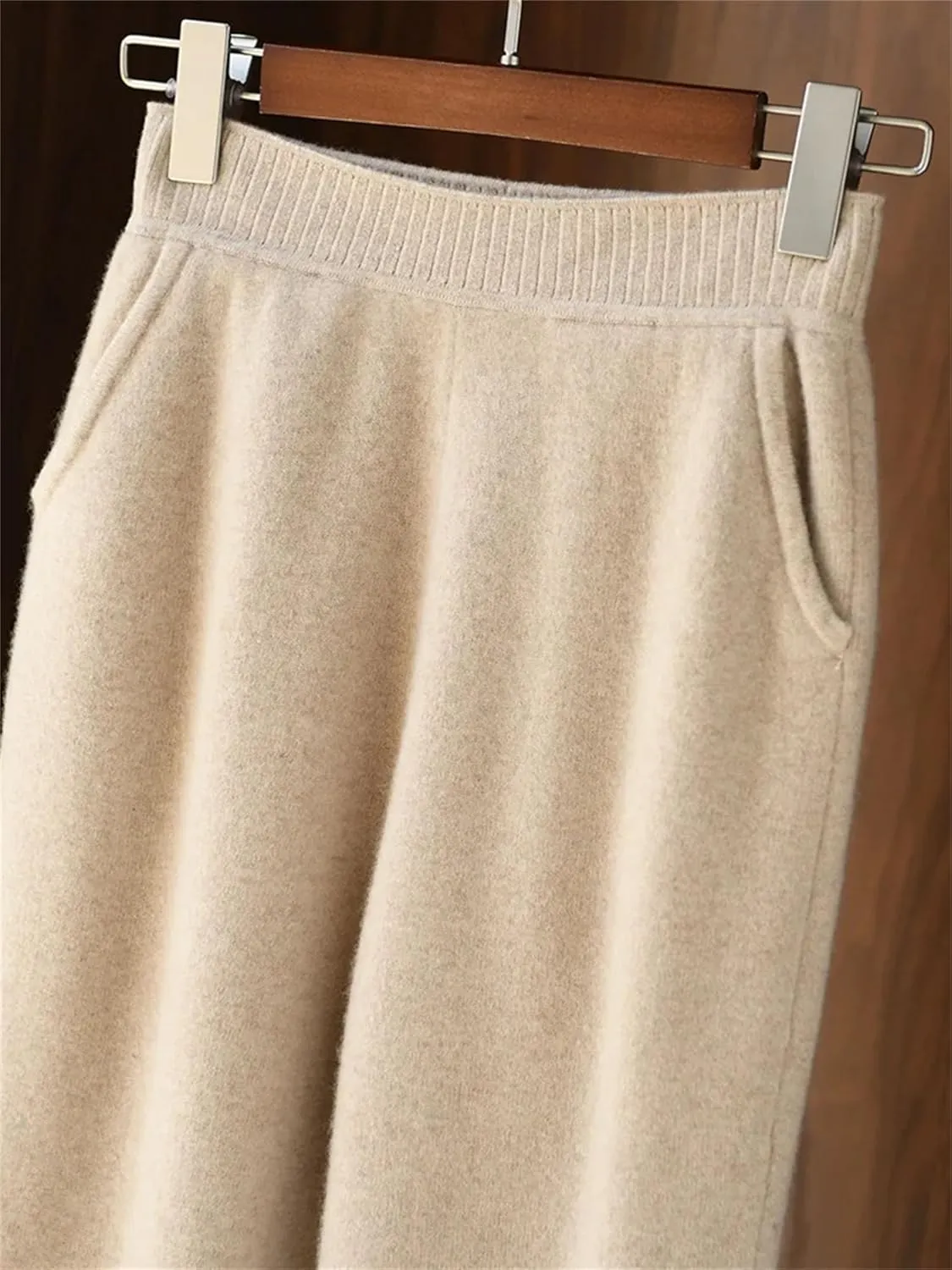 Women Winter 100% Merino Wool Pants High Waist Knited Pencil Pants Office Lady Business Casual Trousers