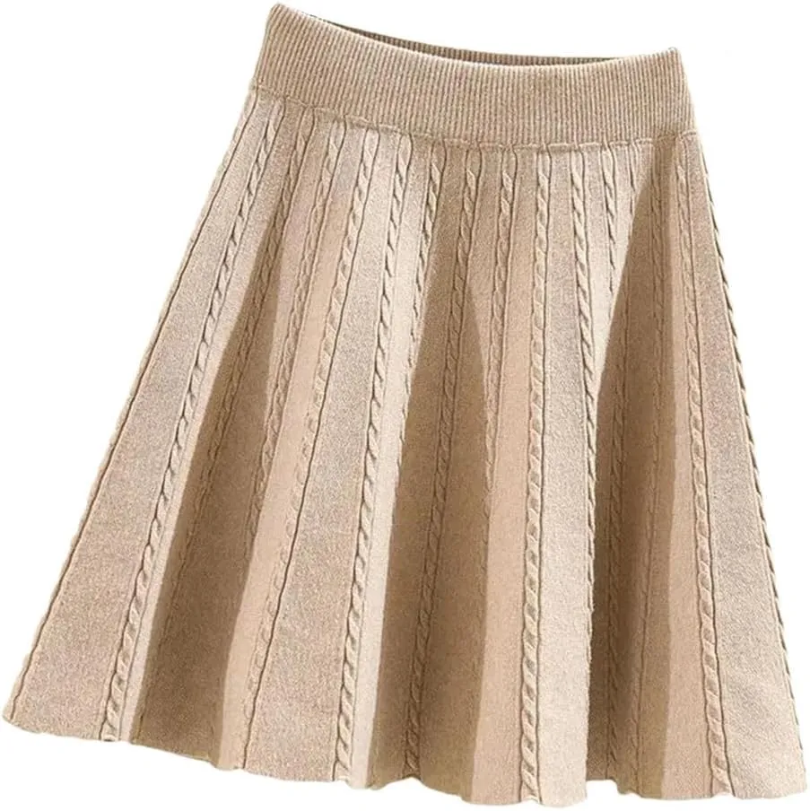 Women Winter Warm Knit Pleated Short Skirt Elastic High Waist Sweater Skirts Autumn Solid Elastic Knitting Mini Skirt