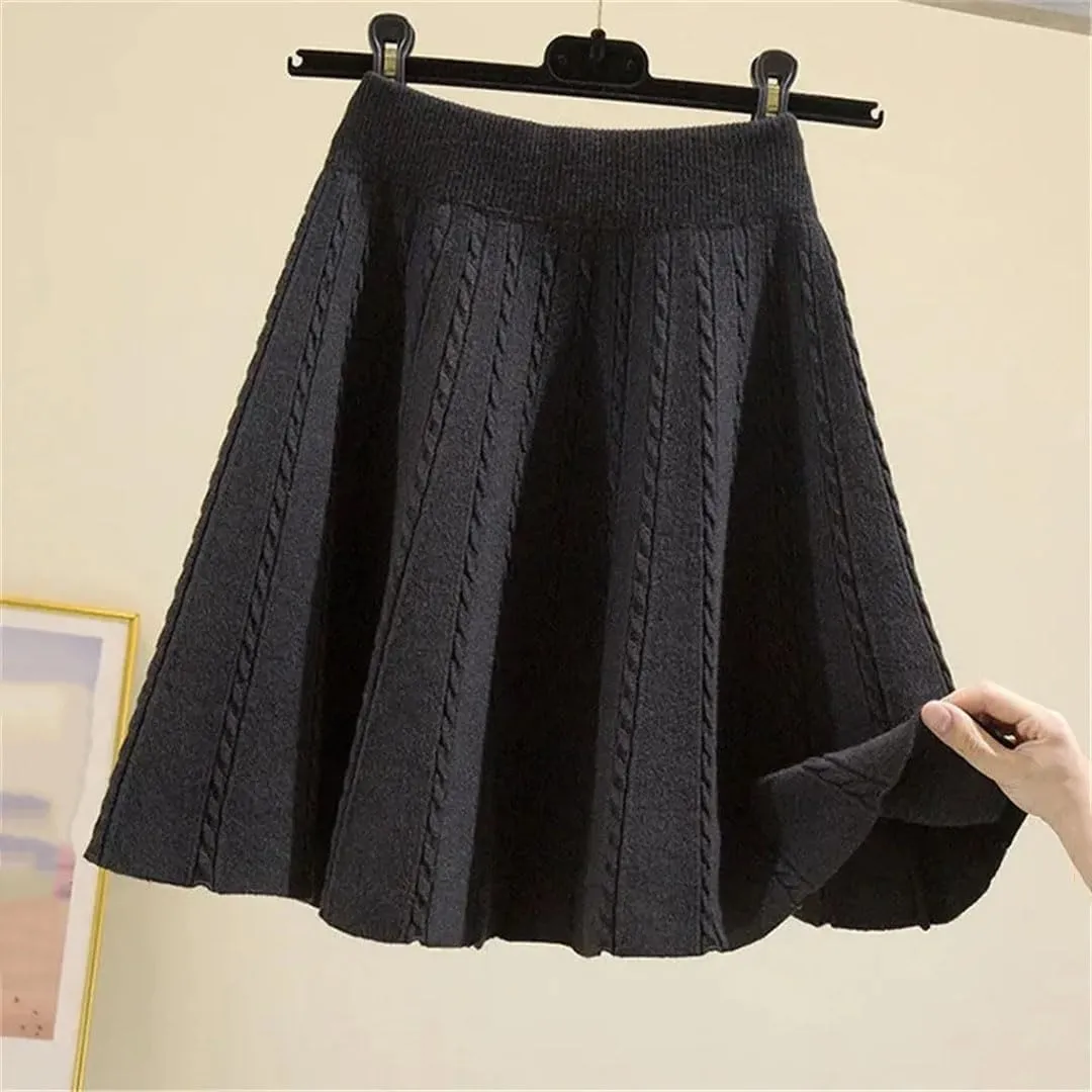 Women Winter Warm Knit Pleated Short Skirt Elastic High Waist Sweater Skirts Autumn Solid Elastic Knitting Mini Skirt