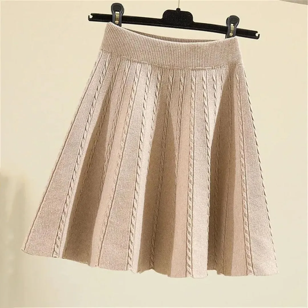 Women Winter Warm Knit Pleated Short Skirt Elastic High Waist Sweater Skirts Autumn Solid Elastic Knitting Mini Skirt