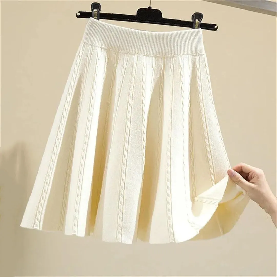 Women Winter Warm Knit Pleated Short Skirt Elastic High Waist Sweater Skirts Autumn Solid Elastic Knitting Mini Skirt
