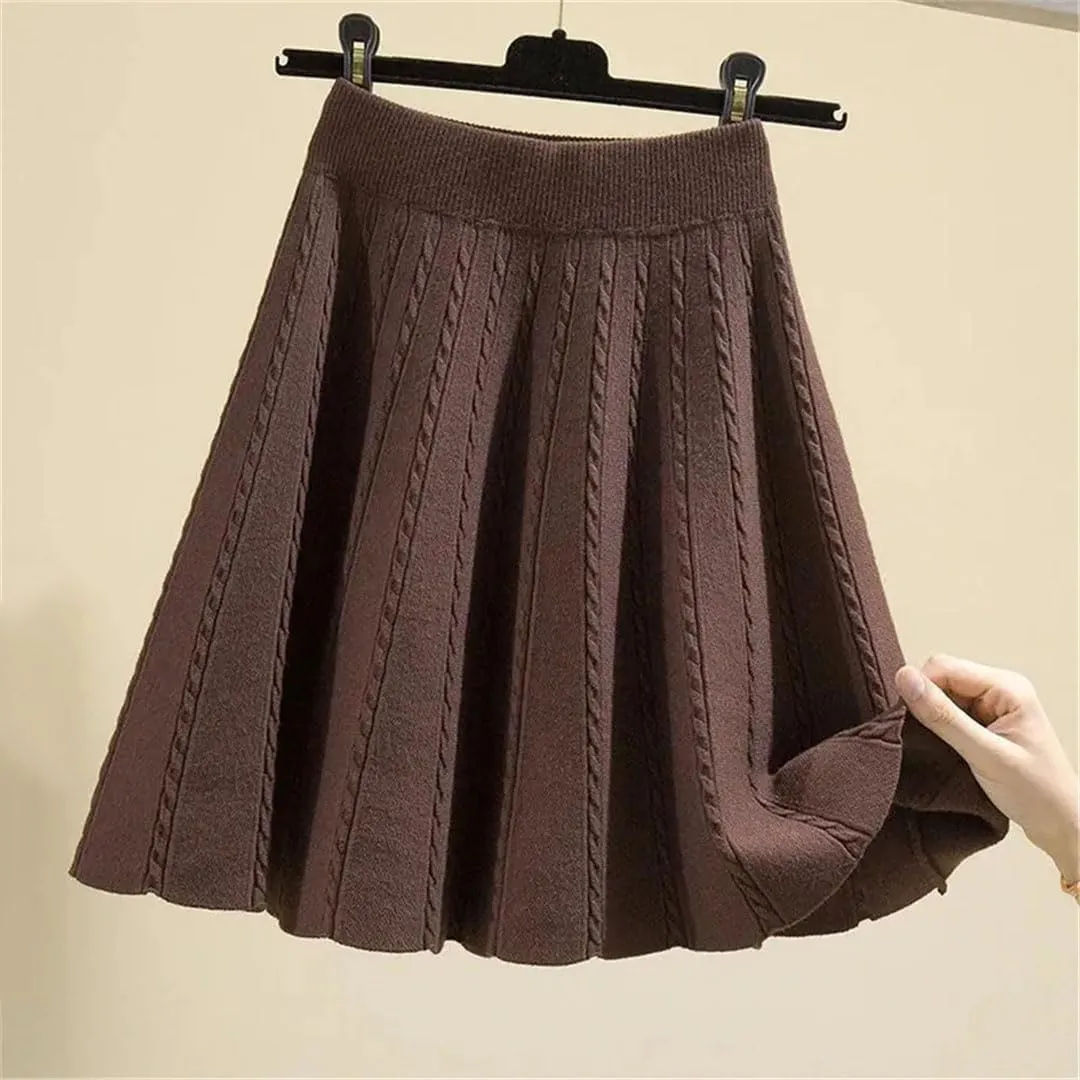 Women Winter Warm Knit Pleated Short Skirt Elastic High Waist Sweater Skirts Autumn Solid Elastic Knitting Mini Skirt