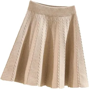Women Winter Warm Knit Pleated Short Skirt Elastic High Waist Sweater Skirts Autumn Solid Elastic Knitting Mini Skirt