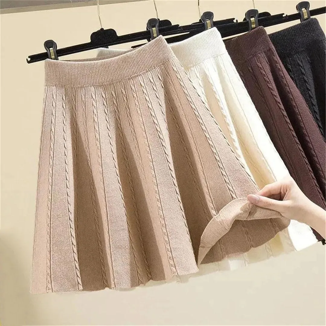 Women Winter Warm Knit Pleated Short Skirt Elastic High Waist Sweater Skirts Autumn Solid Elastic Knitting Mini Skirt