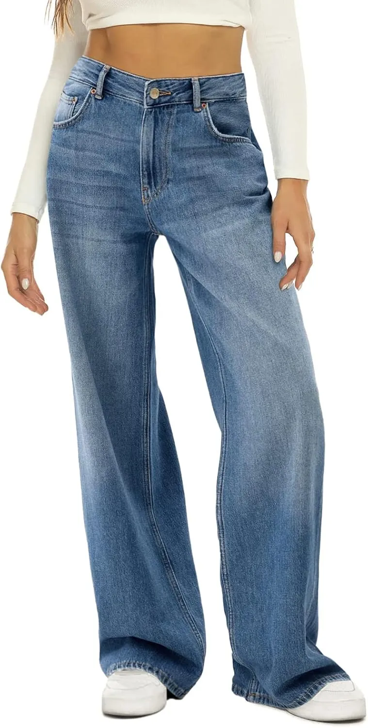 Women Y2k Baggy Jeans Wide Straight Leg High Waist Denim Pants Vintage Harajuku Loose Casual Trousers Streetwear