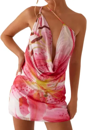 Women Y2K Halter Mini Dress Ruffle Mesh V Neck Going Out Dress Open Back Bodycon Party Dresses Beachwear