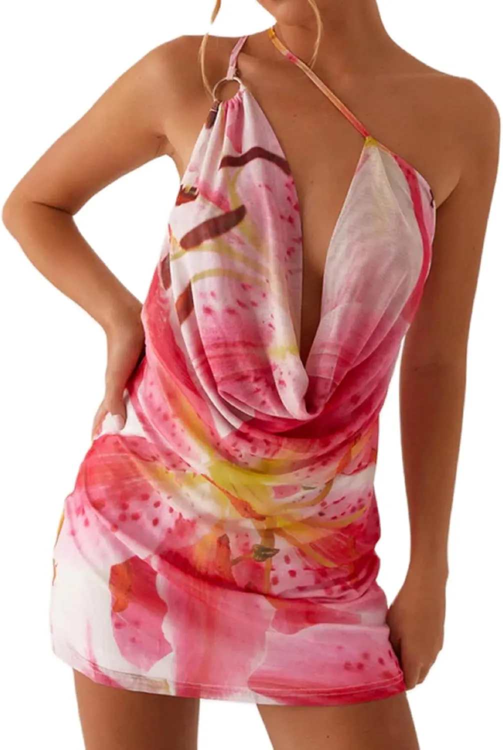 Women Y2K Halter Mini Dress Ruffle Mesh V Neck Going Out Dress Open Back Bodycon Party Dresses Beachwear