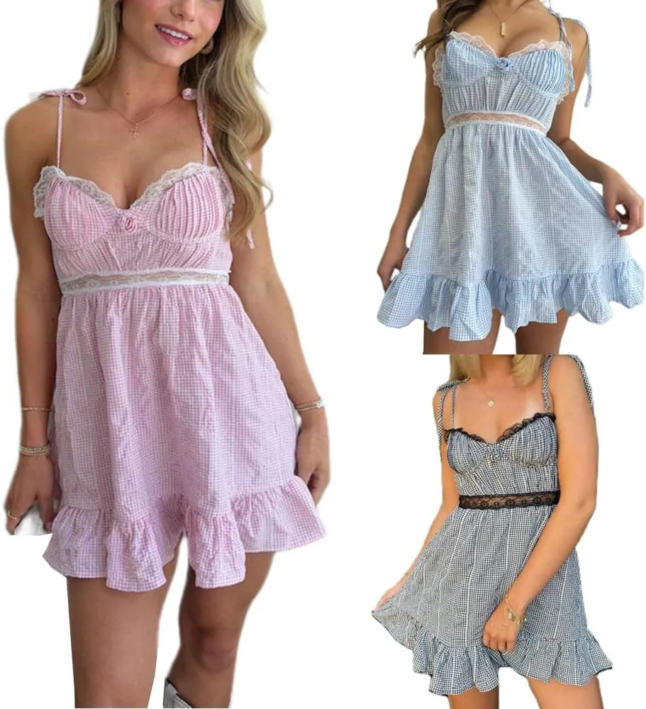 Women Y2k Plaid Cami Dress Spaghetti Strap Backless Gingham Mini Dress Cute Lace Patchwork Short Babydoll Dress