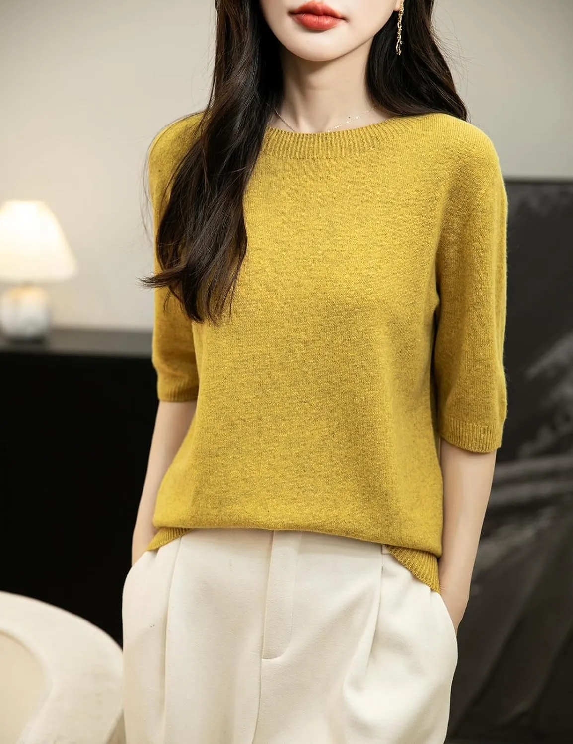 Women's 100% Merino Wool Spring Fall Winter First-Line Ready to Wear Seamless Knit Crewneck Short Sleeve Sweater