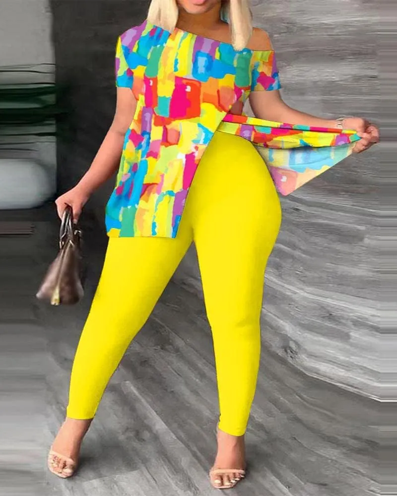 Womens 2 Pieces Outfits Short Sleeve Floral Print Round Neck Off-Shoulder Slit Shirt and Skinny Pants Set Tracksuits