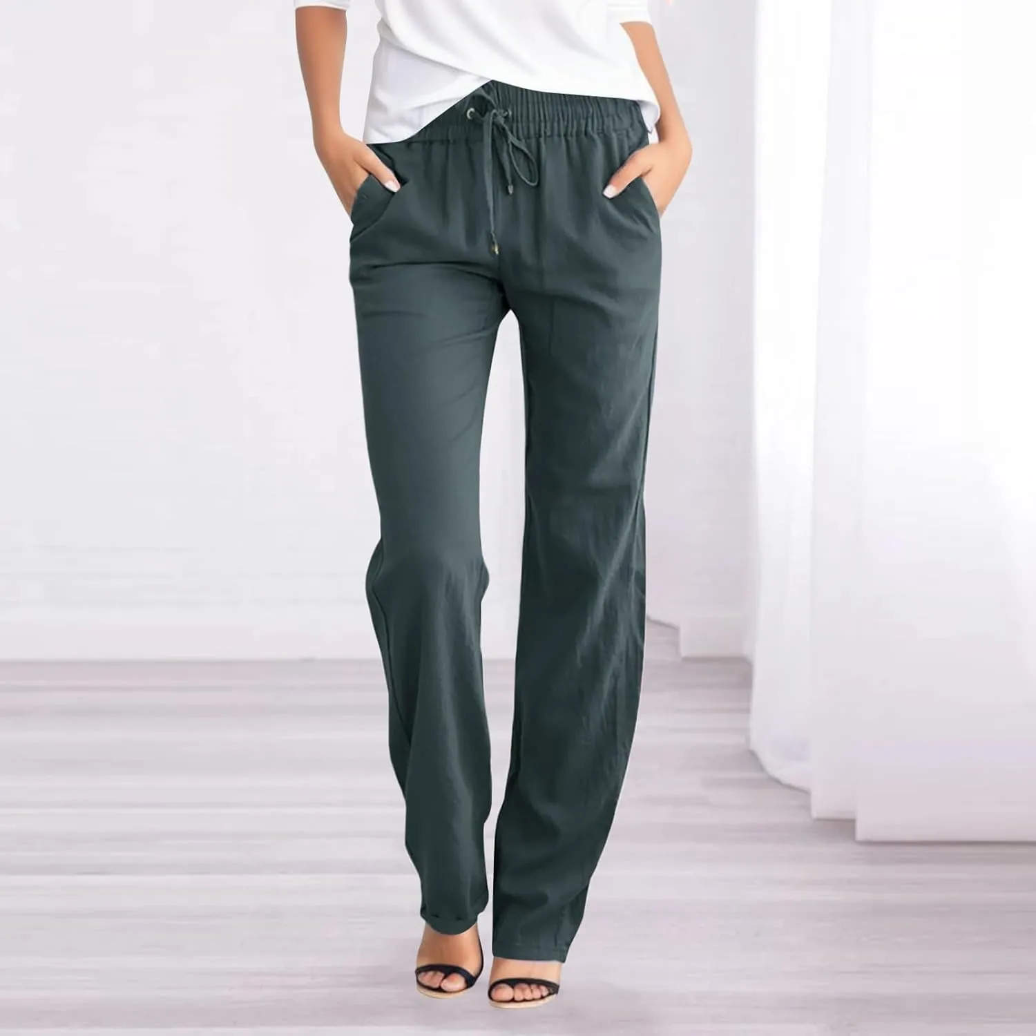 Womens Casual Cotton Linen Pants Lightweight Summer Elastic Waist Drawstring Trousers Loose Fit Solid Lounge Pants