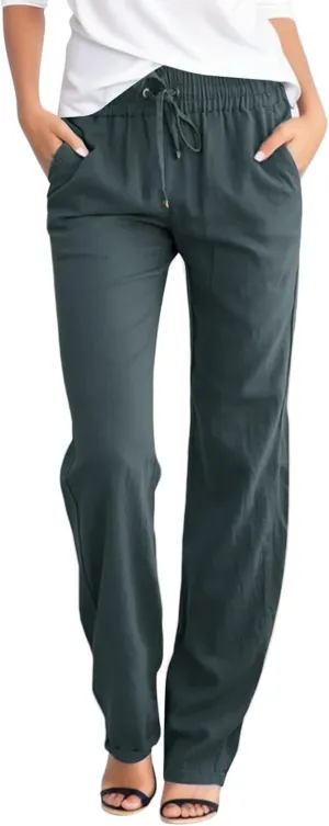 Womens Casual Cotton Linen Pants Lightweight Summer Elastic Waist Drawstring Trousers Loose Fit Solid Lounge Pants