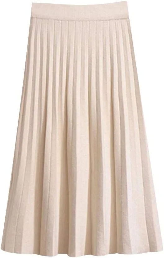 Womens Casual High Waist Pleated Knit Midi Skirt Swing Boho Skirt A-line Long Skirts
