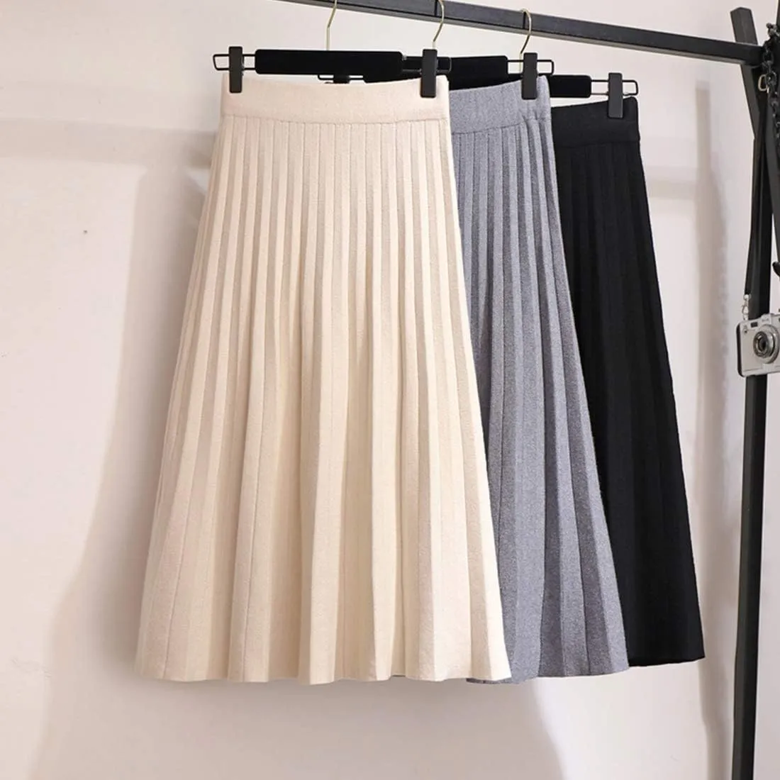 Womens Casual High Waist Pleated Knit Midi Skirt Swing Boho Skirt A-line Long Skirts