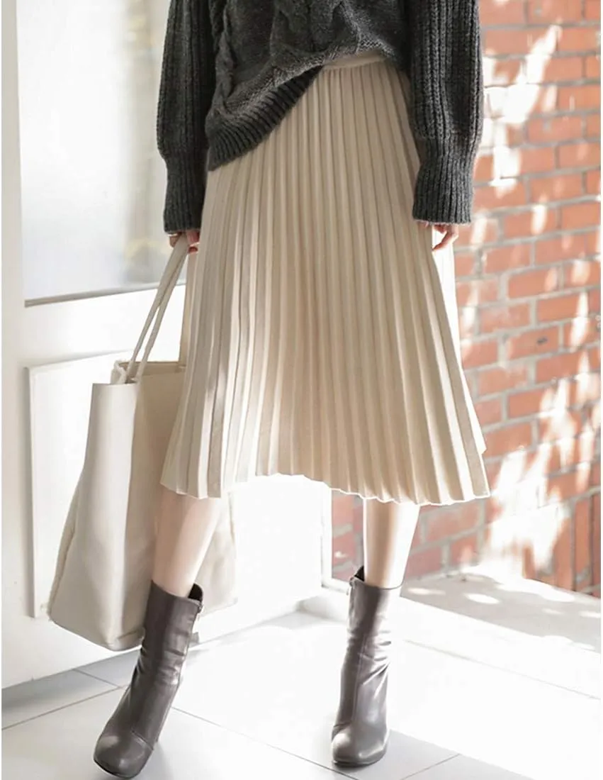 Womens Casual High Waist Pleated Knit Midi Skirt Swing Boho Skirt A-line Long Skirts