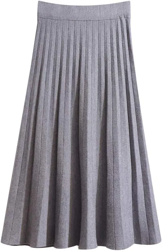 Womens Casual High Waist Pleated Knit Midi Skirt Swing Boho Skirt A-line Long Skirts
