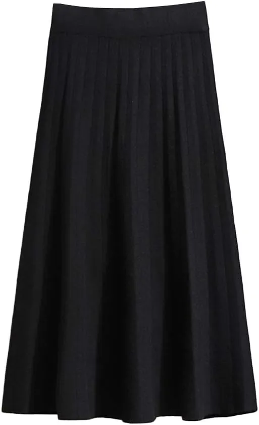 Womens Casual High Waist Pleated Knit Midi Skirt Swing Boho Skirt A-line Long Skirts
