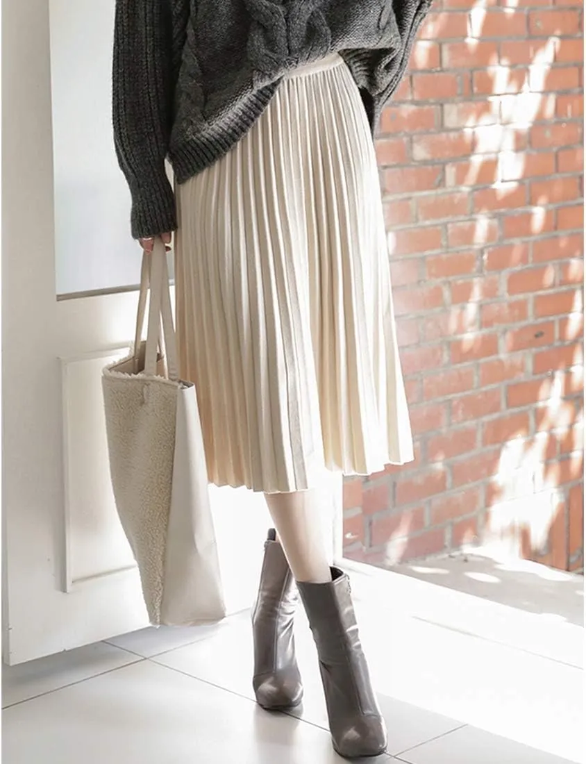 Womens Casual High Waist Pleated Knit Midi Skirt Swing Boho Skirt A-line Long Skirts