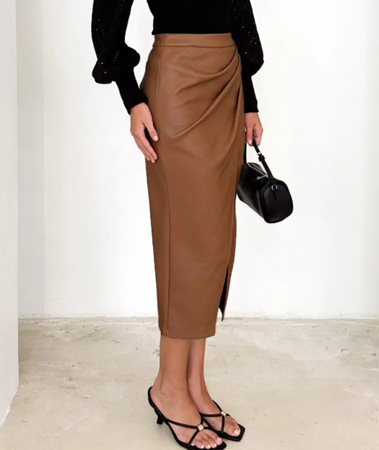 Womens Casual Leather Pencil Midi Skirt Trendy High Waisted Bodycon Pleated Front Split Skirt