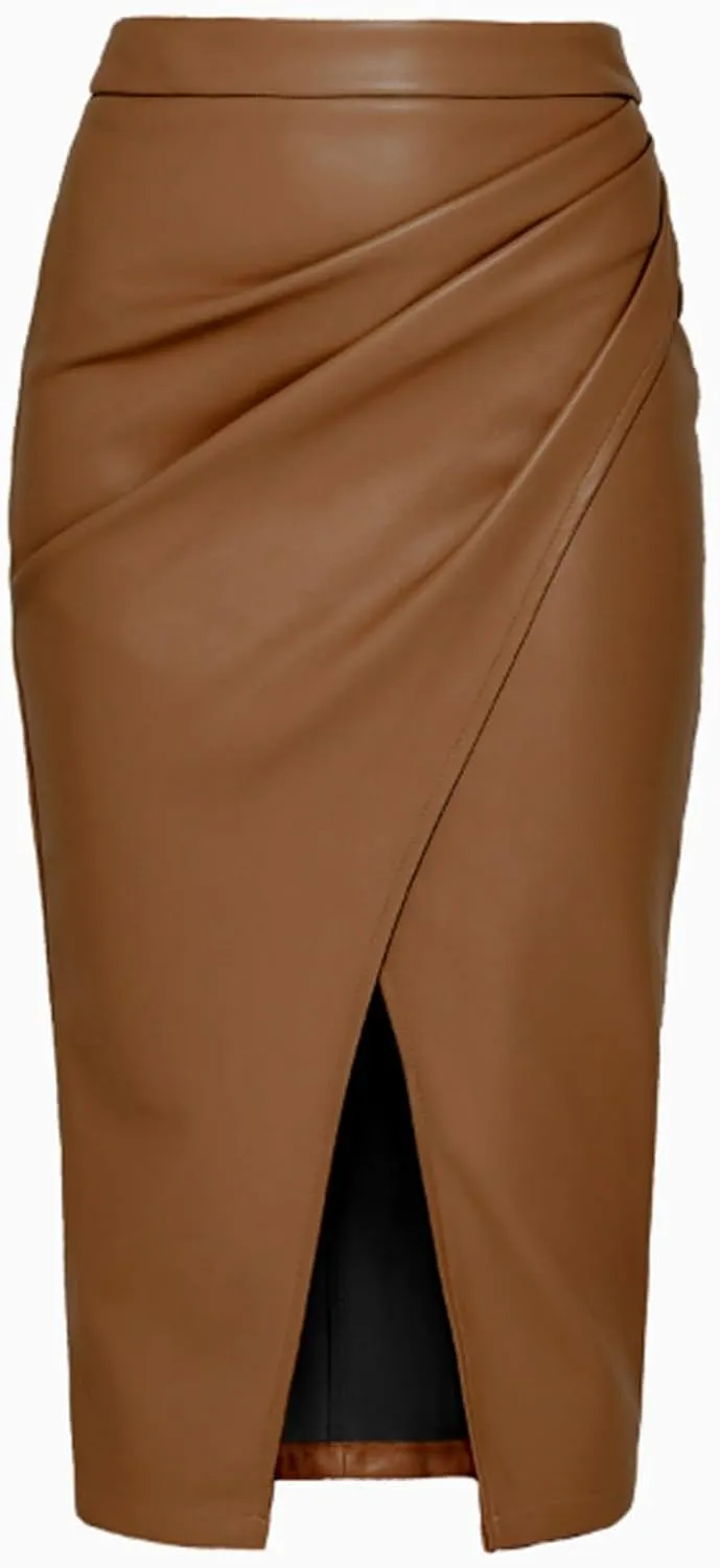 Womens Casual Leather Pencil Midi Skirt Trendy High Waisted Bodycon Pleated Front Split Skirt