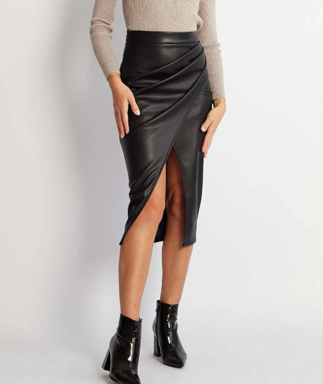 Womens Casual Leather Pencil Midi Skirt Trendy High Waisted Bodycon Pleated Front Split Skirt